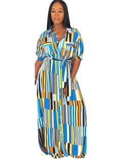 Material: Made of 71%-80% polyester, soft and comfortable.Feature: Short sleeve, v-neck, with button, striped, printed, with the belt, floor length, maxi dresses. Style: Casual. Long African Dresses For Women, Dashiki Fashion, Long African Dresses, Striped Shirt Dress, Africa Fashion, Shirt Dress Casual, African Dresses, African Dresses For Women, Long Sleeve Bodycon