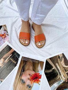 Orange Slide Sandals For Spring, Orange Slide Sandals For Summer, Orange Open Toe Slides For Spring, Orange Slides For Summer, Spring Orange Slides, Orange Slide Sandals For Beach, Orange Leather Sandals For Vacation, Orange Leather Sandals For Summer, Orange Flat Slides For Spring