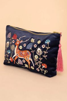 Buy Velvet Embroidered Zip Pouch by Powder Design at Fred & Co.! Vintage Lovers, Deer Design, Vanity Bag, Gift Of Time, Mini Pouches, Socks And Sandals, Slipper Socks, Vintage Lover, Zip Pouch