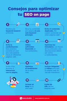 Infografía con 11 consejos para optimizar el SEO on page de un sitio web, con íconos ilustrativos de cada consejo. B2b Marketing Strategy, Marketing Plan Template, Lead Generation Marketing, Marketing Calendar, Marketing Poster, B2b Marketing, Marketing Budget