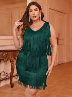 Plus Size Multilayer Tassel Sleeveless Dress Dark Green Party  Sleeveless Woven Fabric Plain Bodycon Slight Stretch  Women Plus Clothing, size features are:Bust: ,Length: ,Sleeve Length: Outfits For Night Out, Club Outfit Ideas, Vestido Plus Size, Casual Night Out, Tee Dress, Date Night Outfit, Fashion Online Shop, Women Lingerie, Plus Clothing