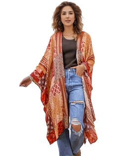 Plus Size Boho Cardigan, Women's Plus Aztec Print Bat Sleeve Open Front Cover Up Elegant Maternity Dresses, Maxi Dresses Formal, Plus Size Cardigan, Chic Jumpsuit, Plus Size Boho, Dress With Ruffle Sleeves, Round Neck Casual Dress, Boho Cardigan, Velvet Dresses