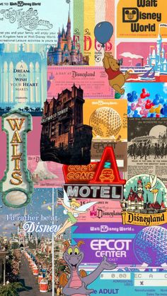 a collage of disney world posters and other things