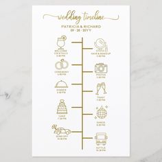 the wedding time chart is shown on a white card with gold foil lettering and symbols