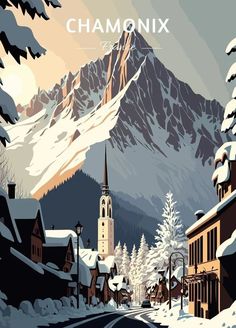 a snowy mountain town with a church in the middle and trees on both sides, surrounded by snow covered mountains