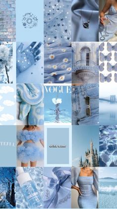 a collage of blue and white images