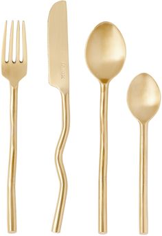 gold colored utensils and spoons on a white background