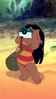 a cartoon character holding a camera and looking into the distance