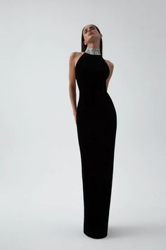 Velvet maxi dress with a crystal embellished neck black 9X010 – look stylish and feel comfortable. Shop now at Rasario and get free shipping Korsett Dress, Black Tie Outfits, Velvet Maxi Dress, Velvet Maxi, Guest Attire, Satin Maxi Dress, Halter Maxi Dresses, Glam Dresses, Mode Inspo