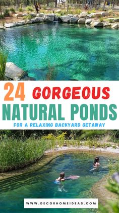 two people swimming in the water with text that reads, 24 gorgeous natural pools for relaxing backyard