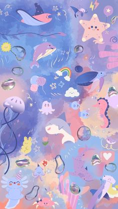 an abstract painting with many different colors and shapes on it, including stars, fish, clouds