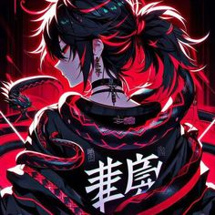 an anime character with black hair and red eyes, holding a snake in his hand