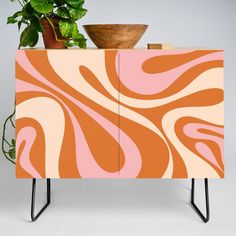 Mod Swirl Retro Abstract Pattern Orange Pink Cream Credenza Whimsical Furniture, Retro Abstract, Retro Pattern