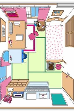 an overhead view of a bedroom and bathroom