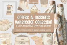 the coffee and desserts watercolor collection is on display in front of a white background