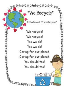 a poster with the words we recycle and a boy standing next to a trash can