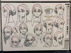 an anime character's face and head with various expressions on the sheeted paper