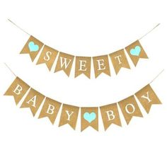 two brown and blue baby shower buntings with hearts on them