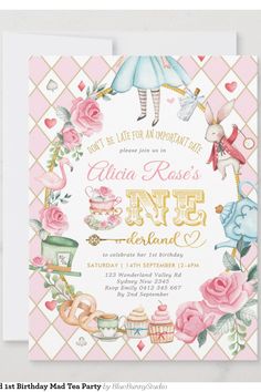 a birthday party card with an alice and the wonderland tea party theme in pink, yellow and