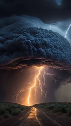 a large cloud is in the middle of a road with lightning coming out of it