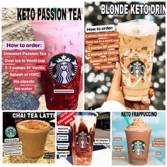 there are many different types of drinks in this collage, including iced coffee and iced tea