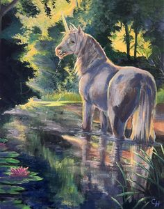 a painting of a unicorn standing in the water