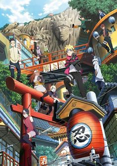 an anime scene with many people standing on the stairs