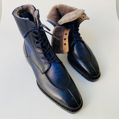 Buy TucciPolo Mens handmade Luxury Italian leather Winter Navy Blue Split Toe Fur Dress Boots. Handcrafted for the classy gentleman in mind. Get your pair today Leather : Italian calf skin leather with Fur Color: Navy Blue This is a made-to-order product. Each pair will be made upon receipt of order and shipped in approximately 15 days. Because our boots are hand-painted and couture-level creations, each shoe will have a unique hue and polish, and exactly as photo. * If you want this product in Luxury Fitted Moc Toe Boots, Fitted Blue Luxury Boots, Designer Business Boots For Winter, Designer Winter Business Boots, Luxury Fitted Boots For Business, Classy Gentleman, Italian Leather Boots, Mobile Telephone, Fur Dress