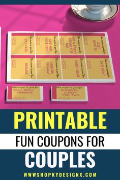 printable coupons for couples on a pink table with coffee cup and saucer