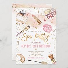 a pink and gold birthday party card with makeup items on the front, including lipstick, mascara