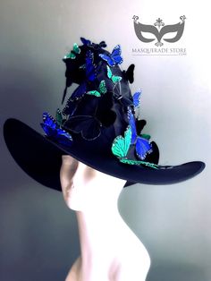 Handcrafted with love and attention to detail, this Witches Hat or sorcerer Hat fits adults and can be customized in amazing array of Butterfly Colors! Simple and comfortable witch hat with butterflies in different size variations. C U S T O M I Z A T I O N We offer other color butterflies as well. Get in touch for custom orders! S I Z E Adult size. S H I P P I N G - Processed same day or within 24 hours. 1-2 day guaranteed delivery, add item to cart, click shipping tab for rates. Pls leave a ch Butterfly Witch Costume, Curved Brim Hat For Halloween Themed Events, Fantasy High Crown Costume Accessories For Halloween, Fantasy High Crown Halloween Costume Accessories, High Crown Hats For Halloween Cosplay, High Crown Hats For Halloween Themed Events, Halloween Cosplay High Crown Hat, Halloween High Crown Hat For Themed Events, Witchy Costume Hat With Curved Brim For Festivals