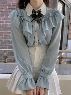 ❤︎Chiffon ribbon ruffle shirt❤︎ Academia Blouse, Light Academia Fashion, Japanese Kawaii Fashion, Academia Outfits, Chiffon Blouses, Style Kawaii, Mori Girl Fashion, Academia Fashion, Fairy Dresses