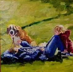 a painting of two people and a dog sitting on the ground in a grassy field