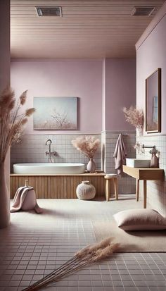 a bathroom with pink walls and white tiles on the floor is shown in this image