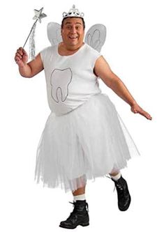 a man dressed as tooth fairy holding a wand and wearing a white tutu skirt