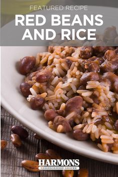 red beans and rice on a white plate with text overlay that reads, featured recipe