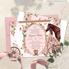 a pink and white wedding card with a horse on the front, surrounded by flowers