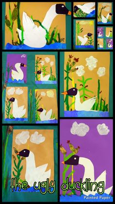 an art project with swans and flowers in the grass, on top of a purple background