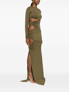 CONCEPTO Asymmetric cut-out Maxi Dress - Farfetch Vacay Clothes, All Green Outfit, Gathered Maxi Dress, Cut Out Midi Dress, Maxi Dres, Grey Maxi Dress, Color Crush, Khaki Dress, Maxi Dress Green