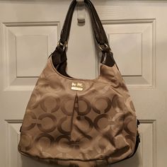 Beautiful Khaki Canvas Type Coach Bag With Brown Leather Handles. Burgundy Lining. Perfect Condition. Never Used. Beige Coach Bag With Detachable Strap, Coach Beige Tote Bag, Coach Cream Shoulder Bag For Daily Use, Coach Beige Bag For Everyday Use, Everyday Beige Coach Bag, Coach Cream Hobo Shoulder Bag, Coach Beige Shoulder Bag Large Capacity, Coach Beige Shoulder Bag With Large Capacity, Coach Beige Bags With Leather Handles