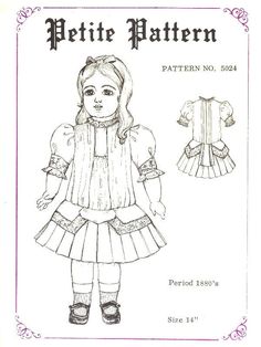 the pattern for a doll's dress is shown in black and white, but it has