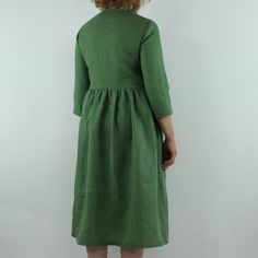 "Spring dress, Write the selected color in the message Handmade green color linen dress with 3/4 long sleeves and 2 pockets , perfect for casual wear and suitable for any occasion in any season Details: - 100% natural linen produced in Europe ; - medium weight (180 gram per square meter); - color: green, could be any from our colors catalo (color samples at the photo); Made to order, approximately a few days, If you have any questions please message me and I will be glad to answer. Size guide : Green Linen Dress With Pockets, Green Midi Linen Dress, Green Linen Dress With Pockets For Spring, Spring Green Linen Dress With Pockets, Green Linen Casual Dress With Buttons, Green Relaxed Fit Linen Dress With Pockets, Green Buttoned Linen Summer Dress, Green Linen Dress Solid Color, Green Linen Dress With Buttons