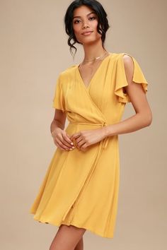 Find a Trendy Women's Yellow Dress to Light Up a Room | Affordable, Stylish Yellow Cocktail Dresses and Formal Gowns Yellow Dress With Sleeves, Yellow Wrap Dress, Mustard Yellow Dresses, Honey Yellow, Wrap Dress Short, Short Cocktail Dress, Woven Dress, Dresses For Teens, Mini Wrap Dress