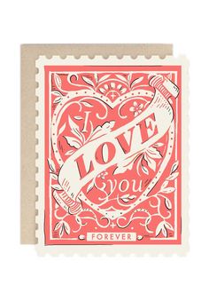 a postage stamp with the words love is forever written in red and white on it