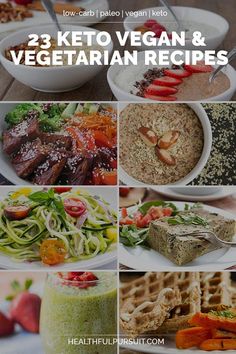 the cover of 23 keto vegan and vegetarian recipes, with pictures of different foods