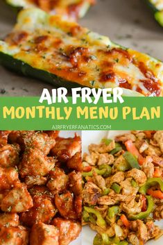 an air fryer meal with meat, vegetables and sauce on the plate next to it