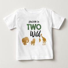 a baby t - shirt with an image of animals and the words,'young wild is three '