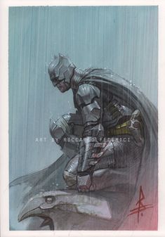 a drawing of a batman standing in the rain with his hands on his knees,