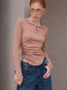 Keyhole Neck Ruched Tee Grey Casual  Long Sleeve Knitted Fabric Plain  High Stretch  Women Clothing, size features are:Bust: ,Length: ,Sleeve Length: Retro Long Sleeve Khaki Top, Stretch Mesh Crew Neck T-shirt, Sporty Tan Cotton T-shirt, Luxury Beige Short Sleeve T-shirt, Beige Long Sleeve Cotton T-shirt, Sports Wear Women, Crop Top Casual, Collar Tshirt, Long Sleeve Casual