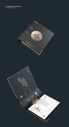 an open brochure is shown on a black background with gold trimmings